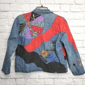 Chicos 2 Denim Jacket Embroidered Silk Art To Wear Beaded Floral Womens Large